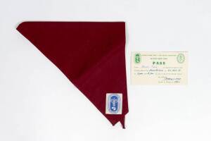 BOY SCOUTS SCARF & PASS, scarf maroon with Melbourne Olympics logo badge; plus Boy Scouts Association Pass for 26th November.