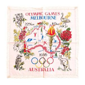 1956 OLYMPIC SCARVES: Wonderful collection, mainly silk, with small, medium & large. Inspection will reward.