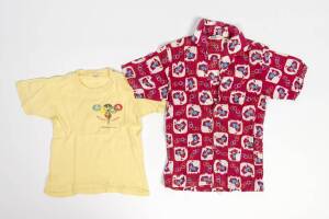 CHILD'S SHIRT & T-SHIRT, the shirt decorated with Olympic rings & Australian flags; T-shirt yellow with torch & "Olympic Games, Melbourne 1956".