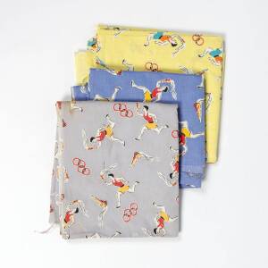 MATERIAL, with design featuring torch runner, three pieces with background colour in yellow, blue & grey, each 89cm wide and about 1.4m long.