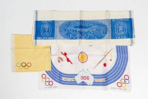 1956 MELBOURNE OLYMPICS: Tea-towels (2 different designs); plus yellow wash-cloth with embroidered Olympic rings.