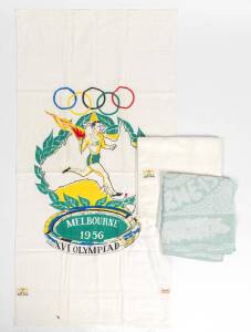 TOWELS, including two showing torch runner & MCG with labels ""Olympic Games, 1956, Manufactured by Supertex". Fine condition.