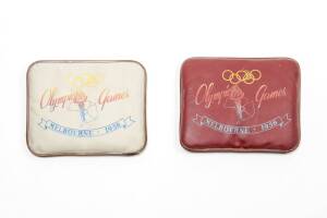 CUSHIONS, both showing Olympic rings, torch and text "Olympic Games/ Melbourne, 1956", one with background colour white, other maroon.