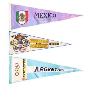 1956 MELBOURNE OLYMPICS - PENNANTS: Collection of pennats, noted table pennant with suction cup; "RACV Olympic Games 1956, Ambulance Fund; team pennants for Venezuela, Argentina & Mexico. Condition varies, though inspection will reward.