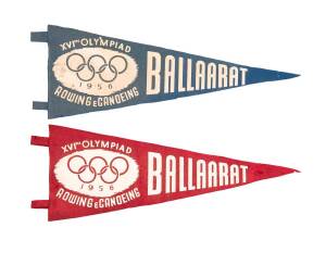 1956 MELBOURNE OLYMPICS - PENNANTS: Felt pennants, "XVIth Olympiad, 1956, Rowing & Canoeing, BALLAARAT", with different background colours - red & blue. Fair/G.