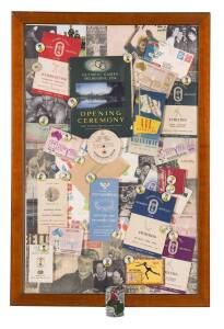 1956 OLYMPICS DISPAY, noted Lifebuoy badges (21); programmes (6), tickets (4) & car badge, framed & glazed, overall 69x99cm.