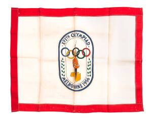 1956 MELBOURNE OLYMPICS: Pair of Flags/Wall hangings with Melbourne Olympics logo, "XVIth OLYMPIAD, MELBOURNE 1956", one with yellow border, other with red border, each 92x69cm. Believed to have been used in Ballarat. Some minor wear holes.