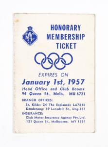 RACV, Honorary Membership Ticket with Olympic rings on cover, issued to Olympic Officials & Competitors.
