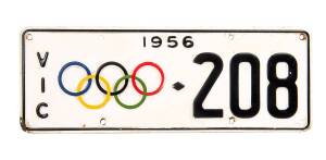 CAR NUMBER PLATE: Olympics car Number Plate, with "1956" at top, "VIC" at left, Olympic rings in colour and number "208". Good condition.