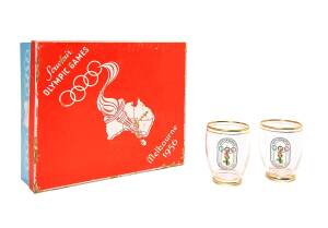 GLASSES, set of 6, each with Melbourne Olympics logo, in original box with "Souvenir, Olympic Games/ (Olympic rings, torch & map of Australia)/ Melbourne, 1956" on lid.