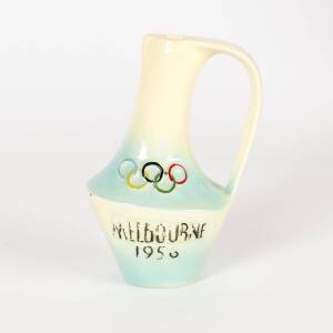 CERAMIC JUG, with Olympic rings & "Melbourne/ 1956", 18cm tall.