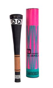 1968 MEXICO OLYMPIC TORCH, sheet metal, black, part of shaft made of wood, 52cm tall. Used in the Torch run from Olympia to Athens, Greece. Quantity produced: 3000. With original magenta and cyan presentation case with text "Antorcha Olimpico/ Mexico 68".