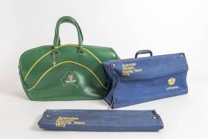 TRAVEL BAG, green with yellow piping, printed on front "Olympic Team/ (Australian Coat-of-Arms)/ Munich 1972", plus initials "A.C.". Inside are two "Australian Olympic Rowing Team 1972" bags.