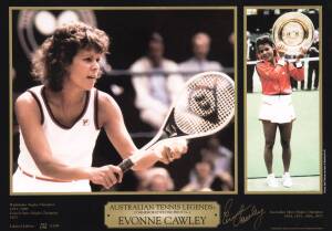 AUSTRALIAN TENNIS LEGENDS, group with displays signed by Margaret Court, Ken Rosewall, Todd Woodbridge/Mark&nbsp;Woodforde&nbsp;& Evonne Cawley. Each framed & glazed, overall 58x46cm, each with CoA.