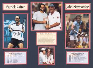PAT RAFTER & JOHN NEWCOMBE, display with signed photographs of each tennis champion, window mounted, framed & glazed, overall 80x60cm. With CoA.&nbsp;