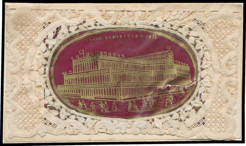 GREETING CARD: Paper lace folded card with gold illustration of "Grand Exhibition 1851" in centre. Fragile with some paper cracking.