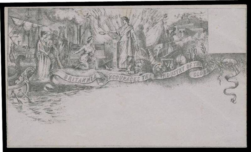 ILLUSTRATED ENVELOPES: 1851 'BRITANNIA ENCOURAGES THE INDUSTRY OF THE GLOBE' (Britannia & various Industries) with 'Designed & Engraved by J Valentine, Dundee' on the flap, very minor blemishes, unused.