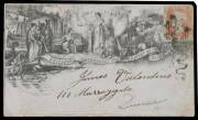 ILLUSTRATED ENVELOPES: 1851 'BRITANNIA ENCOURAGES THE INDUSTRY OF THE GLOBE' (Britannia & various Industries) with 'Designed & Engraved by J Valentine, Dundee' on the flap with 1d Stars tied by poor numeral of 'BROMSGROVE/MR12/1851' (b/s) to James Valenti