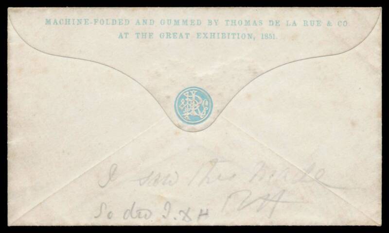 SAMPLE ENVELOPES: plain envelope with 'MACHINE-FOLDED AND GUMMED BY THOMAS DE LA RUE & CO/AT THE GREAT EXHIBITION, 1851' & tress printed in pale blue on the flap, pencil notations "I saw this made" & "So did I", soiling mostly on the front, unused.