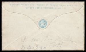 SAMPLE ENVELOPES: plain envelope with 'MACHINE-FOLDED AND GUMMED BY THOMAS DE LA RUE & CO/AT THE GREAT EXHIBITION, 1851' & tress printed in pale blue on the flap, pencil notations "I saw this made" & "So did I", soiling mostly on the front, unused.