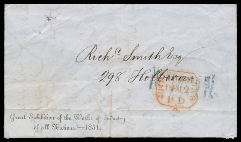 EXHIBITION ENVELOPE and LETTERHEAD: 1849 (Dec.12) use of envelope (side flaps removed) with 'Great Exhibition of the Works of Industry/of all Nations - 1851' imprint at lower-left, used within London with a message written within; together with Exhibition