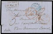 EYE-WITNESS ACCOUNTS: 1851 stampless entire signed "Avison Terry" to Van Diemen's Land with 'HULL/DE18/1851' cds in blue & 'SHIP-LETTER/[crown]/DE19/1851/=LONDON=' cds in red, Tasmanian boxed 'SHIPLETTER/21MA21/1852' transit b/s & boxed postmaster's hands