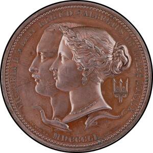 MEDALLIONS: Bronze (77mm) by Leonard C. Wyon, Conjoined busts of Victoria and Albert, trident and two dolphins below, reverse Brittannia seated crowning industry with laurel, Europe, Asia, Africa and America attending, edge&nbsp;(6mm) inscribed 'PRIZE MEDAL OF