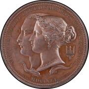 MEDALLIONS: Bronze (77mm) by Leonard C. Wyon, Conjoined busts of Victoria and Albert, trident and two dolphins below, reverse Brittannia seated crowning industry with laurel, Europe, Asia, Africa and America attending, edge&nbsp;(6mm) inscribed 'PRIZE MEDAL OF