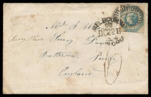 COVER: 1854 (Dec.22) envelope to "Battersea/Surry" with fine Imperforate 1/- Octagonal tied by Barred Oval '1' and oval 'MELBOURNE/[crown]/DC22 E/VICTORIA' d/s, poor London arrival b/s & fine 'd6' h/s for the shipletter rate due on delivery, a bit soiled.