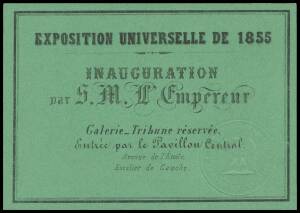 ENTRY CARD & PHOTOGRAPHS: Entree card for the Opening Ceremony by Emperor Napoleon III, admitting the bearer to the Central Pavilion; together with 3 carte de visite photographs of the Emperor, Empress and Prince Imperial as a group, Empress Eugenie alone