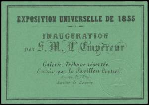 ENTRY CARD & PHOTOGRAPHS: Entree card for the Opening Ceremony by Emperor Napoleon III, admitting the bearer to the Central Pavilion; together with 3 carte de visite photographs of the Emperor, Empress and Prince Imperial as a group, Empress Eugenie alone