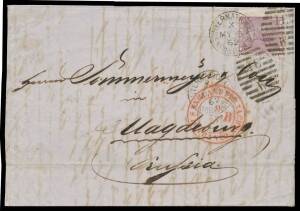 EXHIBITION CANCELLATION: 1862 large-part entire to "Mageburg/Prussia" with very fine wing-margin 6d tied by two very fine strikes of the 'INTERNATIONAL/ X /MY3/62/ EXHIBITION W - IE/W' duplex, 'AUS ENGLAND PER AACHEN/FRANCO' transit cds in red & 'AUSG' b/