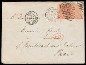 EXHIBITION CANCELLATION: 1862 cover to Paris with 4d vermilion x2 tied by two large-part to very fine strikes of the 'INTERNATIONAL/ X /OC3/62/ EXHIBITION W - IE/W' duplex, 'PD'-in-oval h/s in red,