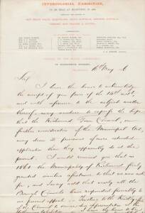 1866 (May 16) mss letter on "INTERCOLONIAL EXHIBITION" letterhead (which also lists the Commissioners) addressed to the Mayor of Richmond from the Secretary of the Royal Commission, expressing "the hope that the Richmond Town Council, on further considera