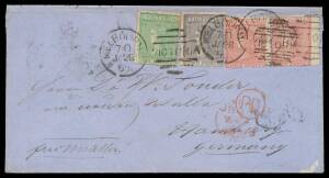 COVER FROM FERDINAND VON MUELLER: 1865 cover signed "fervMueller" at lower-left, to Germany at the 11d rate with Laureates 1d 2d & 4d pair tied by Melbourne duplex of JA26/65, London transit cds of MR23/65 & 'PD'-in circ le h/s both in red, 'HAMBURG'-in-o