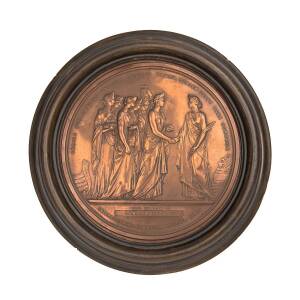 Large bronze medal (220mm diameter) in circular wooden frame, "Medal Awarded To/ Law, Somner & Co/ Intercolonial Exhibition Victoria 1866-7", designed by sculptor Charles Summers, engraved by William Calvert.Accompanied by 3 Law Somner & Co catalogues dat