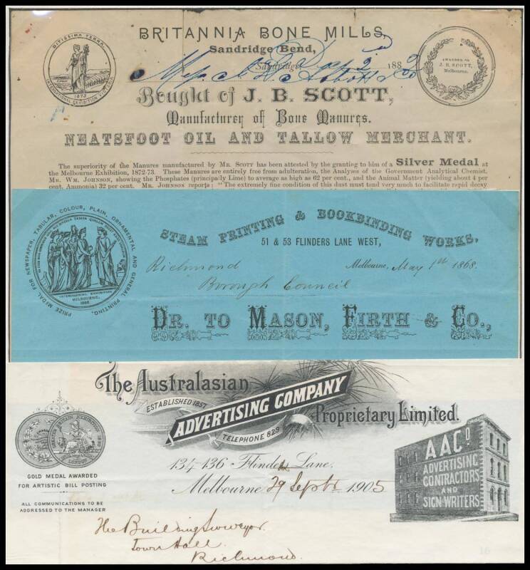 CORPORATE LETTERHEADS & EXHIBITION AWARDS: A group of decorative invoices or letterheads, for J.B.Scott, Neatsfoot Oil & Tallow Merchants; Mason, Firth & Co Steam Printing and Bookbinding Works;  and The Austalasian Advertising Company: each illustrating