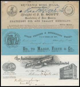 CORPORATE LETTERHEADS & EXHIBITION AWARDS: A group of decorative invoices or letterheads, for J.B.Scott, Neatsfoot Oil & Tallow Merchants; Mason, Firth & Co Steam Printing and Bookbinding Works; &nbsp;and The Austalasian Advertising Company: each illustrating 