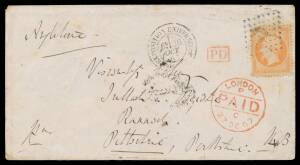 COVER FROM THE EXHIBITION: 1867 cover to Scotland with French perforated 40c orange - corner fault - tied by 'EU'-in-lozenge of dots & largely very fine 'EXPOSITION UNIVERSELLE/6e 26/OCT/57POSTES' cds alongside small boxed 'PD' h/s in red, superb London t