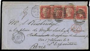 COVER TO THE EXHIBITION: 1867 cover with embossed Fairlie & Co (Engineers) on the flap, to their representative at "No 17 Casse 63/L'Exposition/Paris" with GB 1d Plate 81 strip of 4 tied by London duplex  of MY25/67, 'ANGL/AMB CALAIS D' TPO transit on the