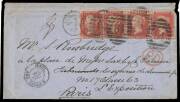 COVER TO THE EXHIBITION: 1867 cover with embossed Fairlie & Co (Engineers)&nbsp;on the flap,&nbsp;to their representative at "No 17 Casse 63/L'Exposition/Paris" with GB 1d Plate 81 strip of 4 tied by London duplex &nbsp;of MY25/67, 'ANGL/AMB CALAIS D' TPO transit on the