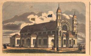 Full page engraving from 'The Illustrated Australian News' for 10 Sept. 1870, titled "Intercolonial Exhibition Building, Alfred Square, Sydney 1870", hand-coloured, window mounted, overall 50x33cm.