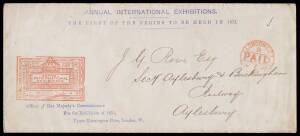 RE-USE OF 1851 ENVELOPE: 1871 usage of long cover with imprints in blue & in red for the 1851 Exhibition overprinted in blue at the top 'ANNUAL INTERNATIONAL EXHIBITIONS/THE FIRST OF THE SERIES TO BE HELD IN 1871', London cds of 3JU71 in red & 'AYLESBURYJ