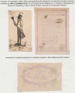 Wm.J.Lambert & Co. display, comprising a printed advertisement for "Wm.J.Lambert & Co., Australian Rubber Stamp Manufacturers"; another card headed "Melbourne and London Exhibition, 1872-73"; also, an original pen drawing of cryer advertising (rubber) sta