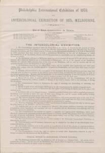 A printed prospectus from the Royal Commissioners for Victoria regarding the planned Melbourne Intercolonial Exhibition of 1875 as a preliminary event prior to the Philadelphia International Exhibition of 1876; also, an invitation to contribute from the O