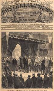 ENGRAVING: Front page of 'The Illustrated Australian News' for October 6, 1875, with image titled "The Opening Ceremony of the Intercolonial Exhibition", window mounted, overall 33x51cm.