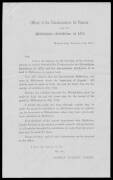 January 1875 printed letter with heading "Offices of the Commissioners for Victoria for the Philadelphia Exhibition of 1876", that accompanied the prospectus for the Philadelphia Exhibition of 1876, and the Intercolonial Exhibition to be held in Melbourne