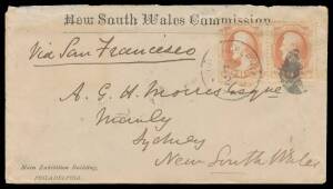 NEW SOUTH WALES COMMISSION: 1876 standard (repaired opening faults at top) & long (2, vertical folds) envelopes with imprints 'New South Wales Commission' at top & 'Main Exhibition Building/PHILADELPHIA' at lower-left, to Augustus Morris&nbsp;(2) or his daught