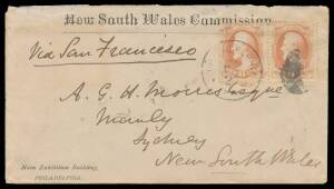 NEW SOUTH WALES COMMISSION: 1876 standard (repaired opening faults at top) & long (2, vertical folds) envelopes with imprints 'New South Wales Commission' at top & 'Main Exhibition Building/PHILADELPHIA' at lower-left, to Augustus Morris (2) or his daught