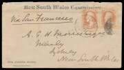 NEW SOUTH WALES COMMISSION: 1876 standard (repaired opening faults at top) & long (2, vertical folds) envelopes with imprints 'New South Wales Commission' at top & 'Main Exhibition Building/PHILADELPHIA' at lower-left, to Augustus Morris&nbsp;(2) or his daught